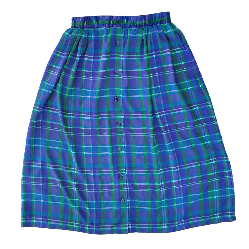 Vintage Koret Holiday Plaid Skirt Midi Elastic Waist Purple Button Front Medium